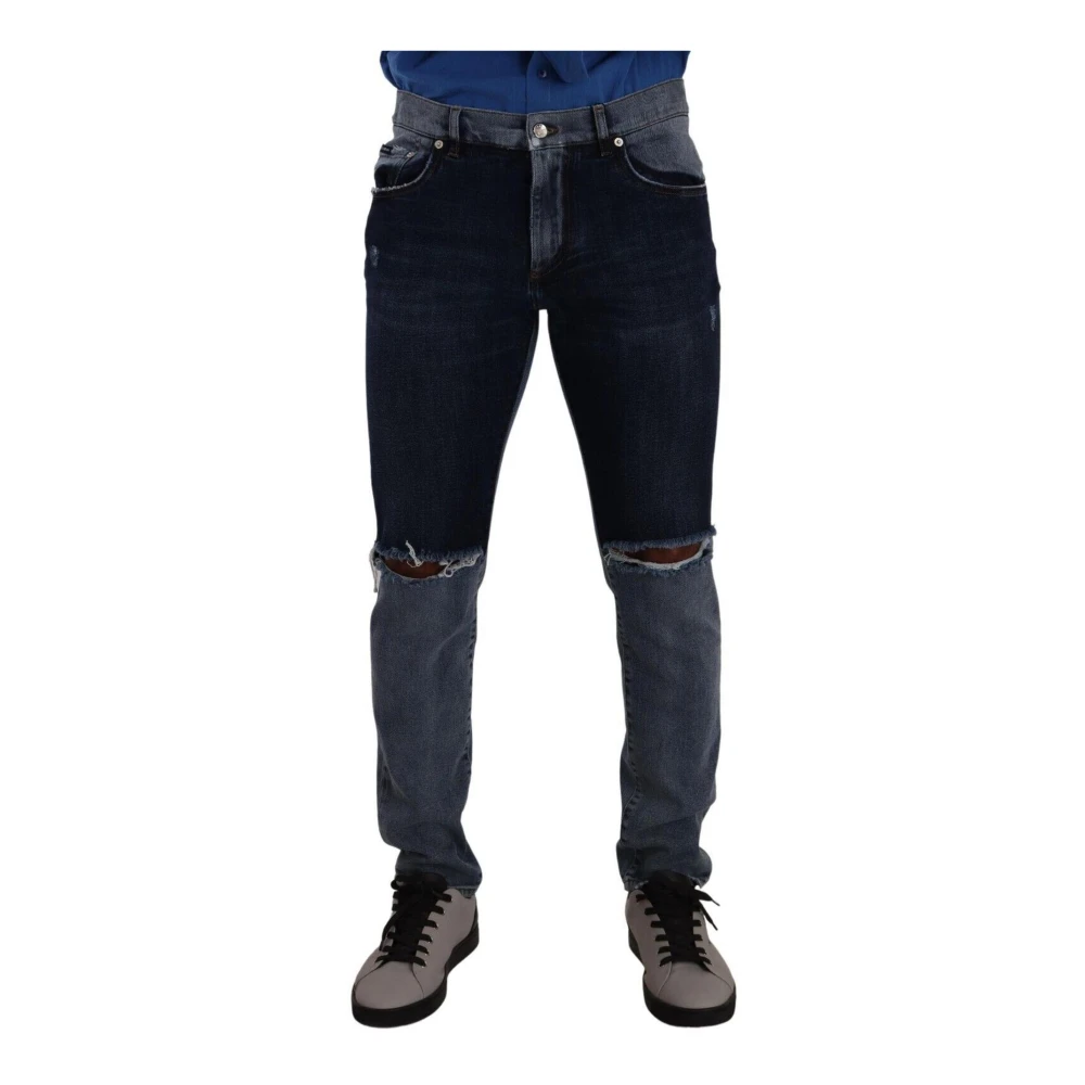 Dolce & Gabbana Uomo Blu Jeans Slim In Denim Di Cotone Strappato A Due Toni
