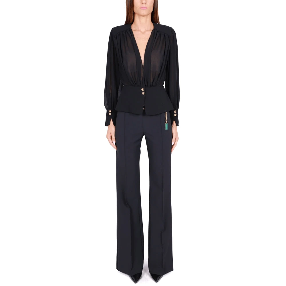 Elisabetta Franchi Zwarte Georgette Cross-Neck Lange Mouw Blouse Black Dames