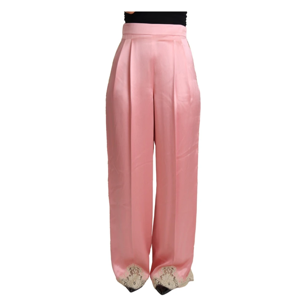 Dolce & Gabbana Mujer Rosado - Pantalones Palazzo De Satén De Seda Con Ribete De Encaje - Trousers - Rosa - M