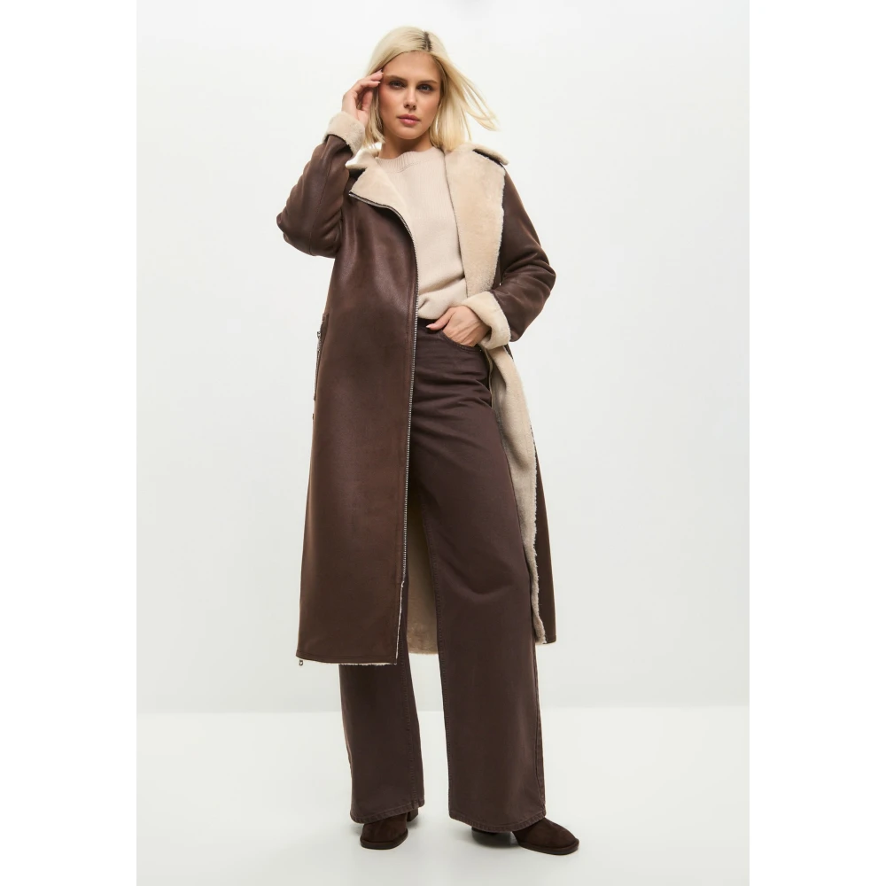 Cesare Gaspari Bruine Faux Reversible Shearling Lange Jas Brown Dames