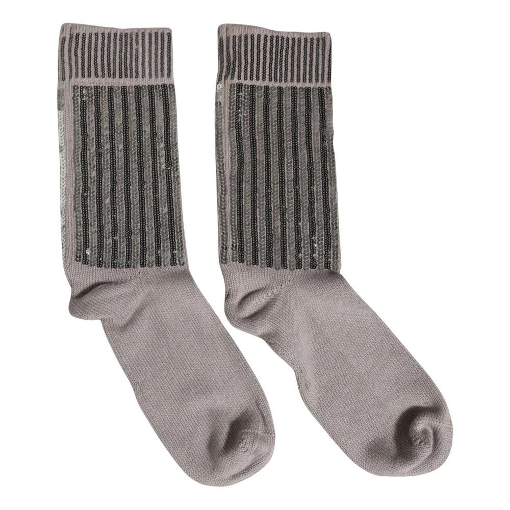 Dolce & Gabbana , Socks, Female, Gray, One Size, Gray Sequin Cotton Knit Mid Calf Accessory Socks - Image 1