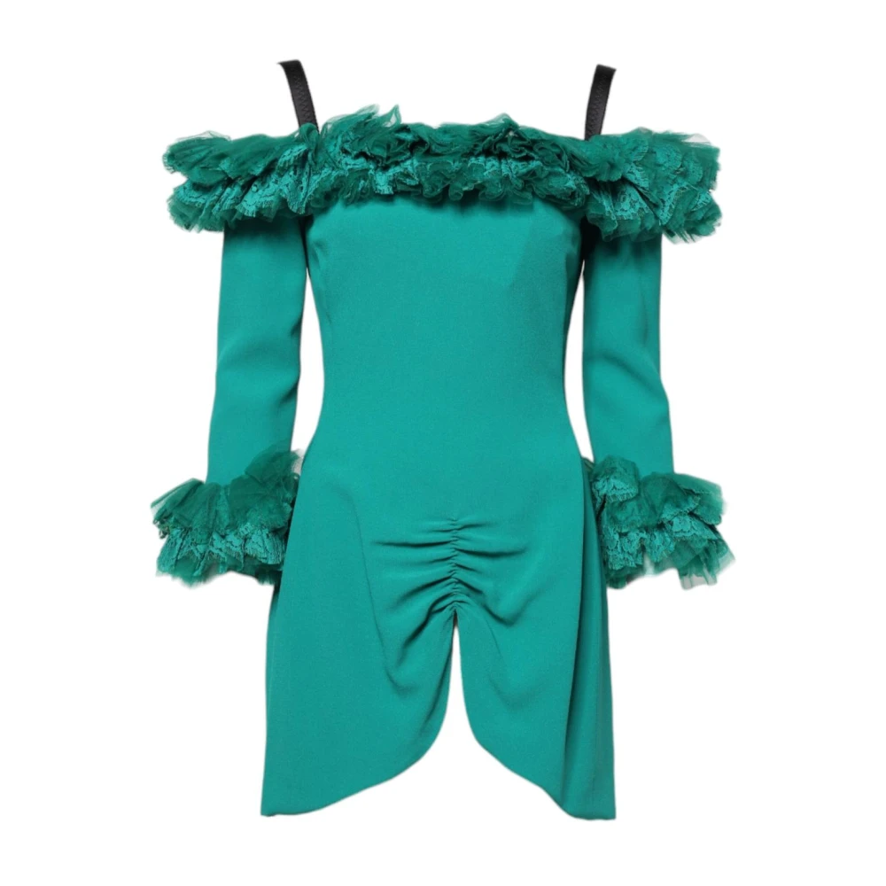 Dolce & Gabbana Women's Green Ruffled Off-Shoulder Mini Dress