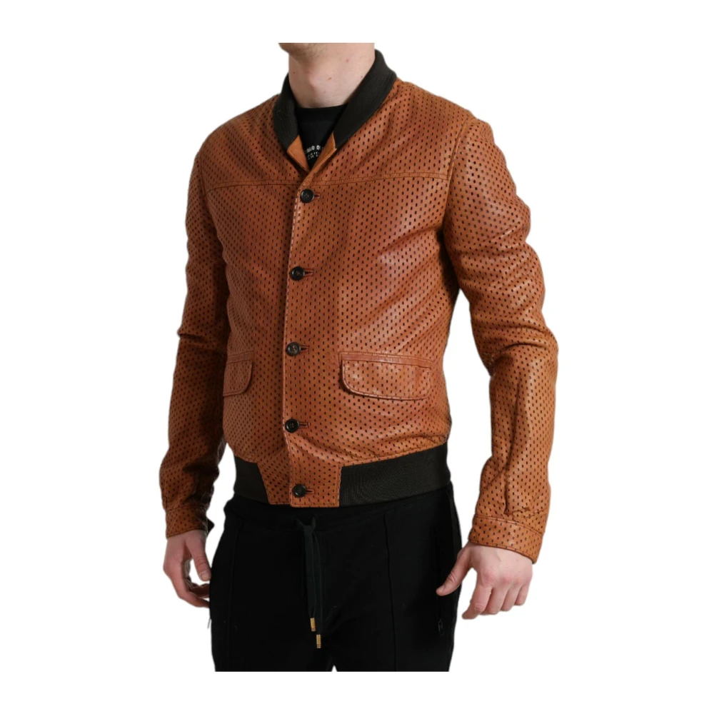 Dolce & Gabbana Men's Brown Leather Jackets, Xs, Perforated Bomber Leather Jacket