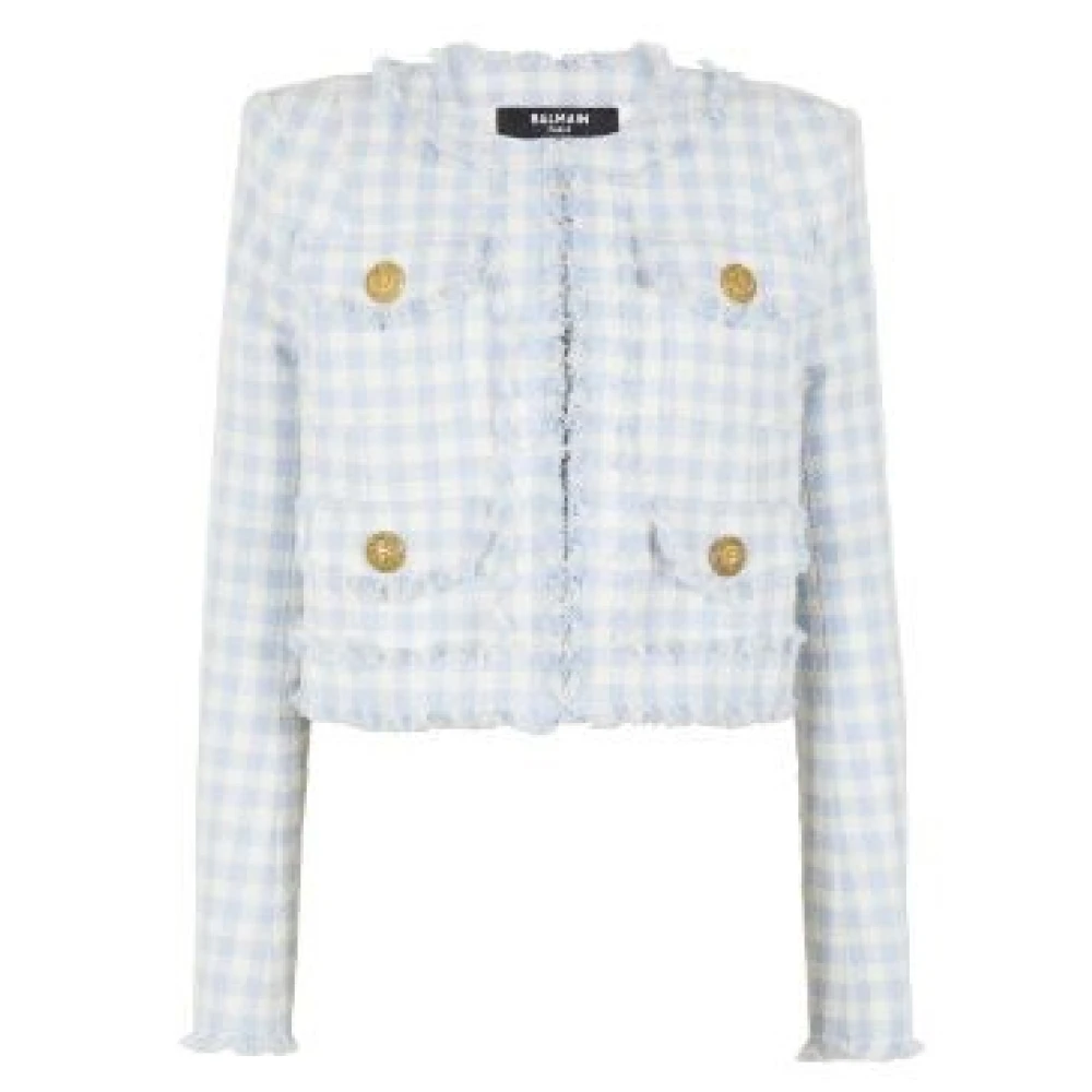 Balmain Blauw Gingham Tweed Jas Blue Dames