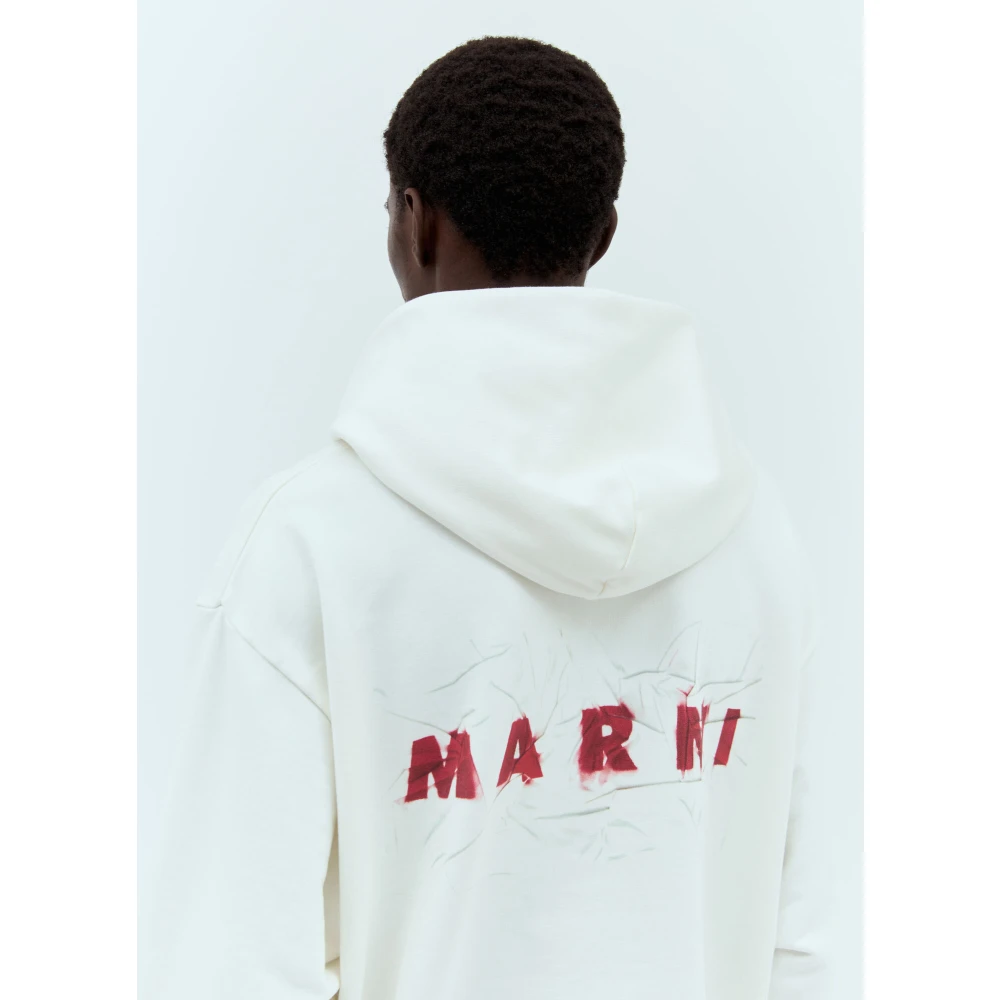 Marni Logo Borduurwerk Hoodie Katoen Jersey White Heren