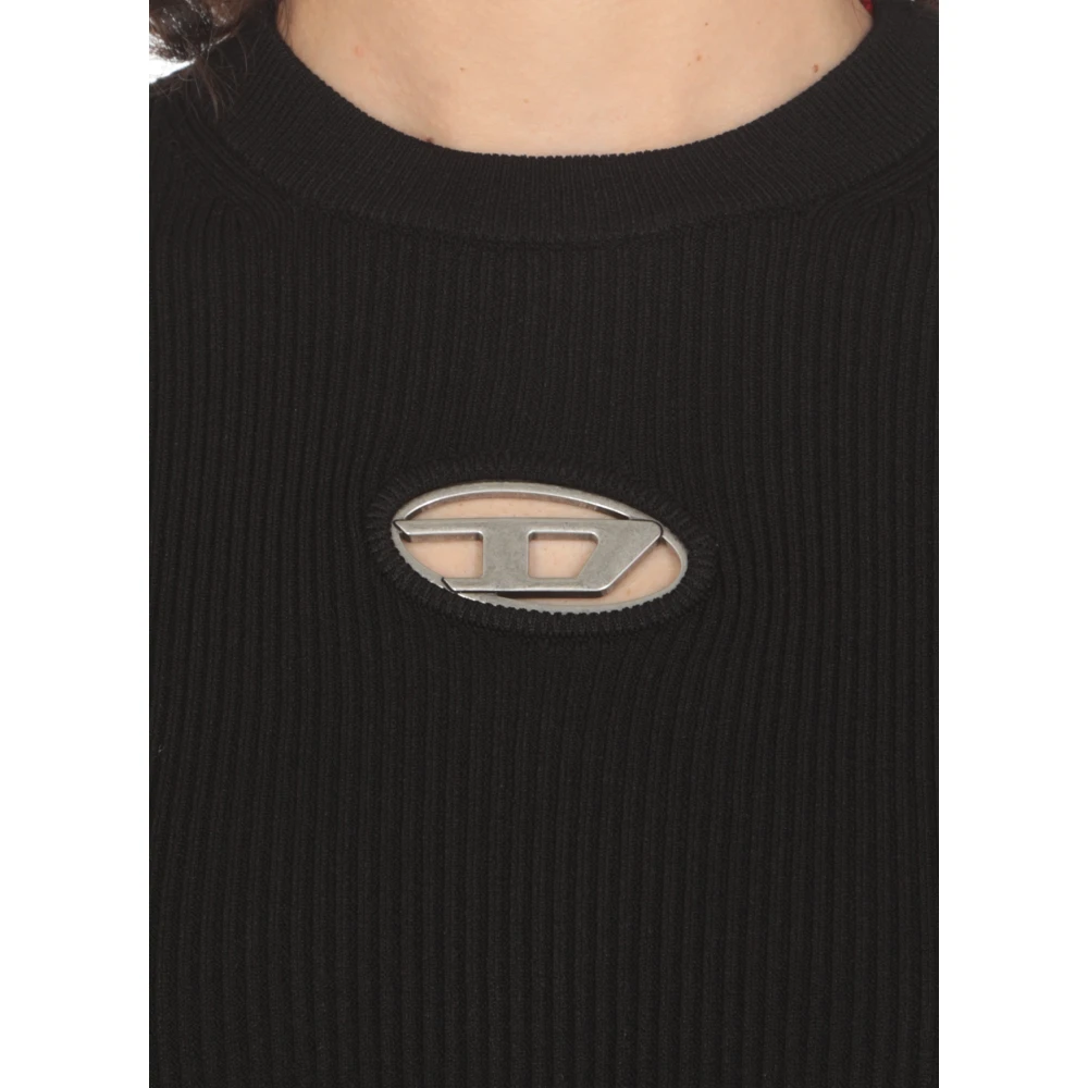 Diesel Geribde Zwarte Trui Metaal Logo Black Dames