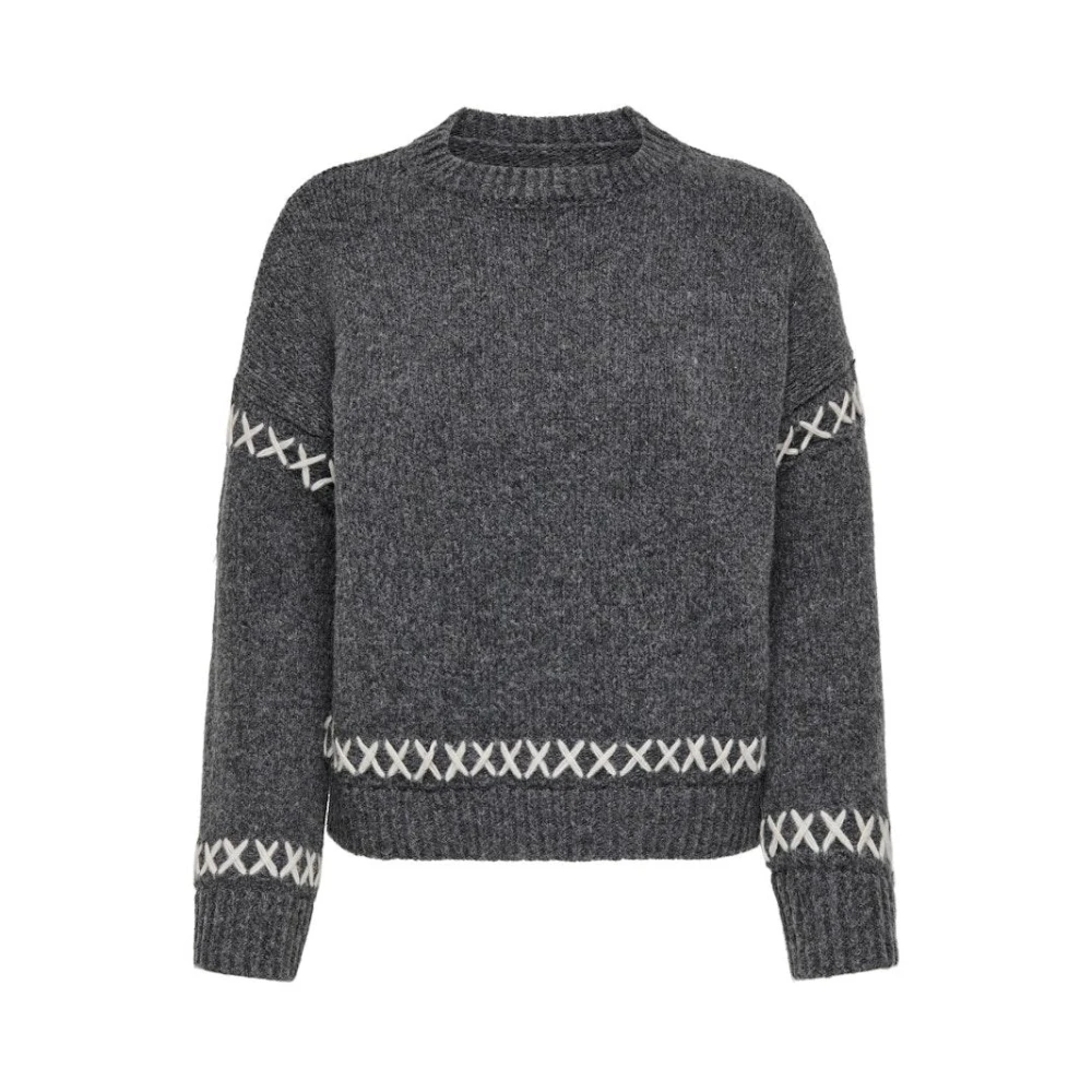 Only Life O-Neck Gebreid: Donkergrijs Cloud Gestreept Gray Dames