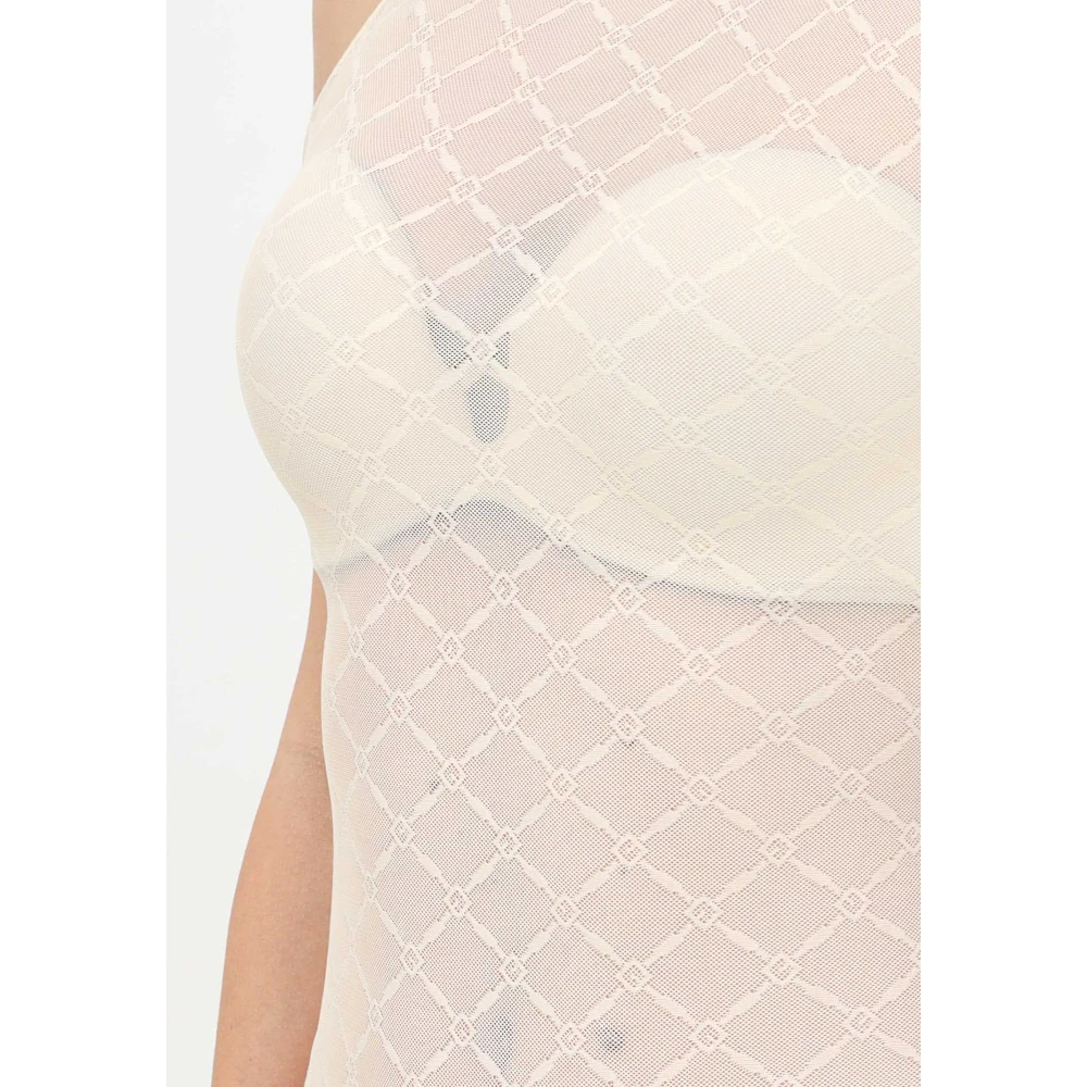 Elisabetta Franchi Gele Jacquard Mouwloze Body met Ruitmotief Beige Dames