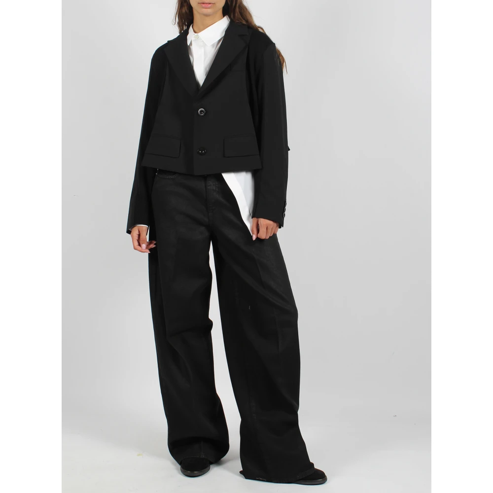 Sacai Asymmetrische Wol Katoen Jas Black Dames