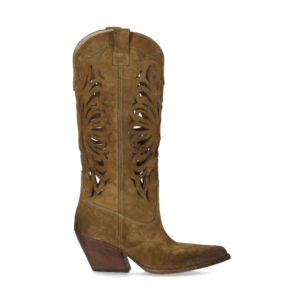 Elena Iachi Women's Brown Vintage-Effect Suede Texan Boots With Carved Detailing