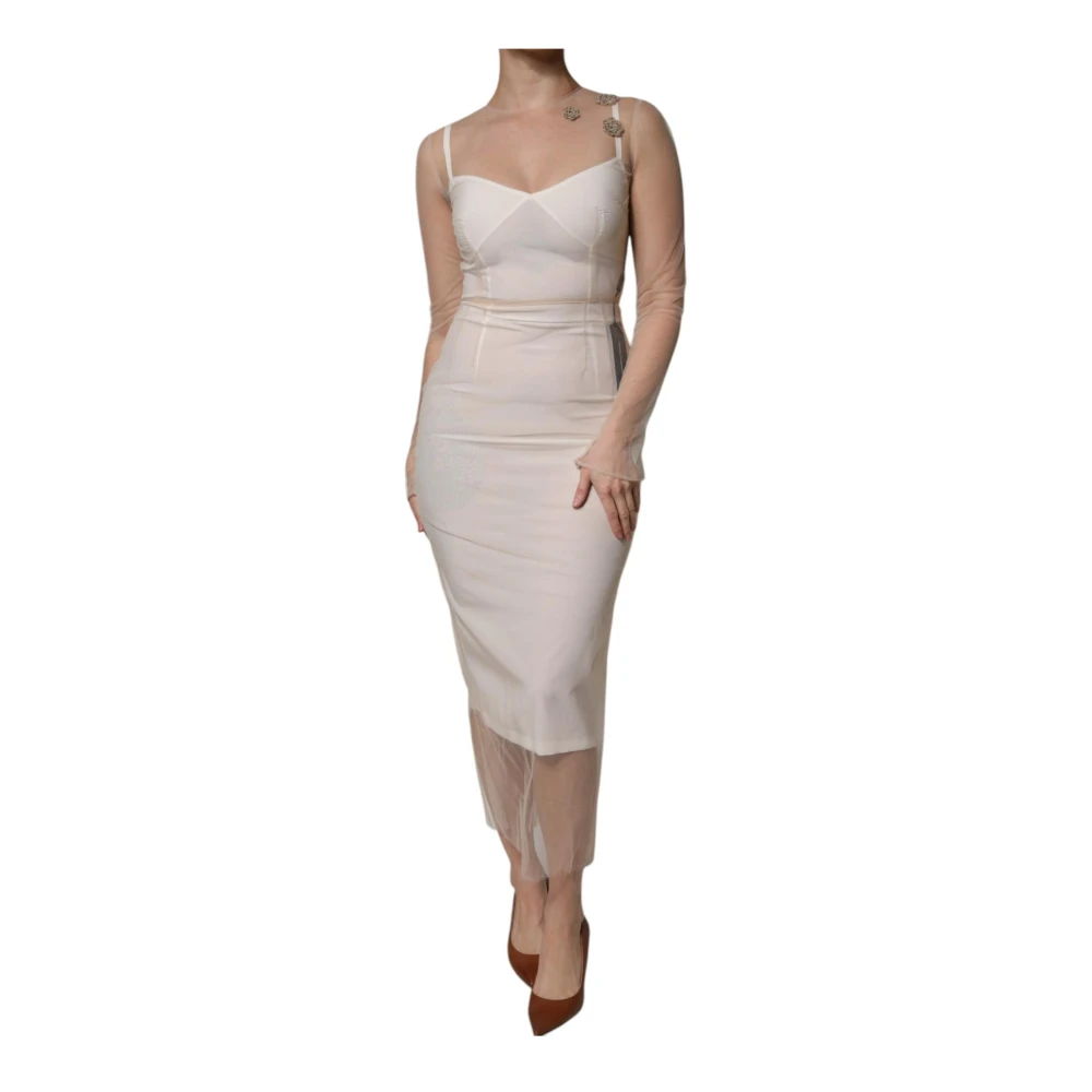 Dolce & Gabbana Witte Sheer Tulle Bodycon Midi Jurk White Dames