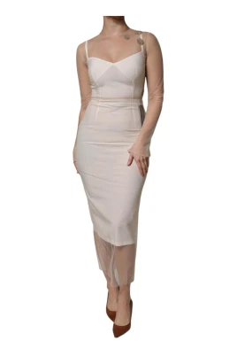 Vit Sheer Tulle Bodycon Midi Klänning