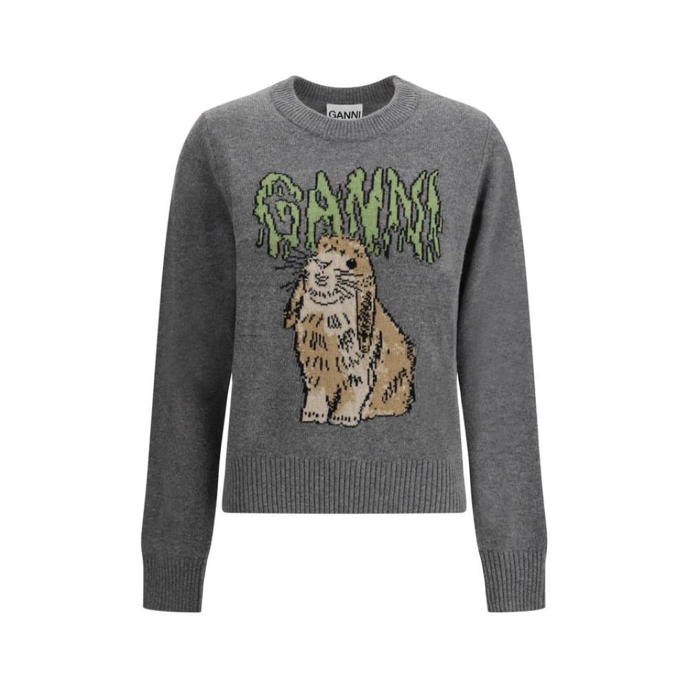Ganni Geribbelde wollen trui met monogramprint Gray Dames