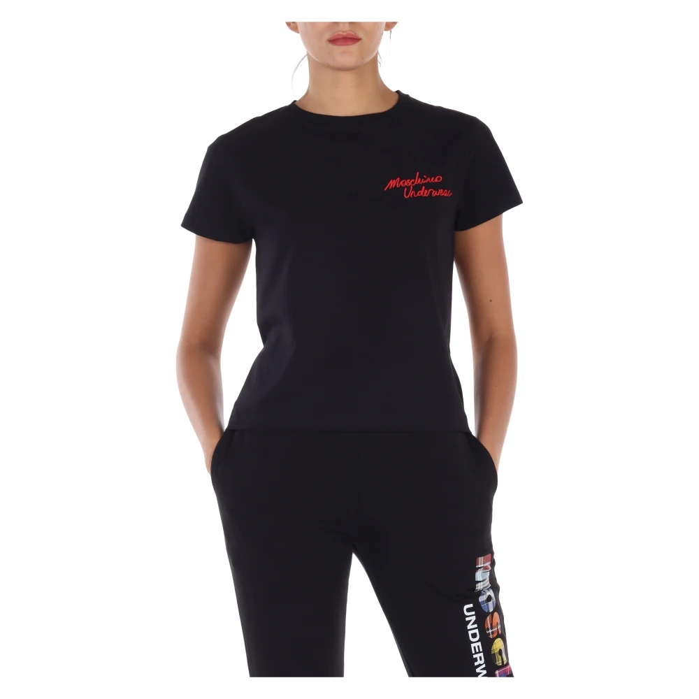 Moschino Stretch katoenen T-shirt met logo borduursel Black Dames
