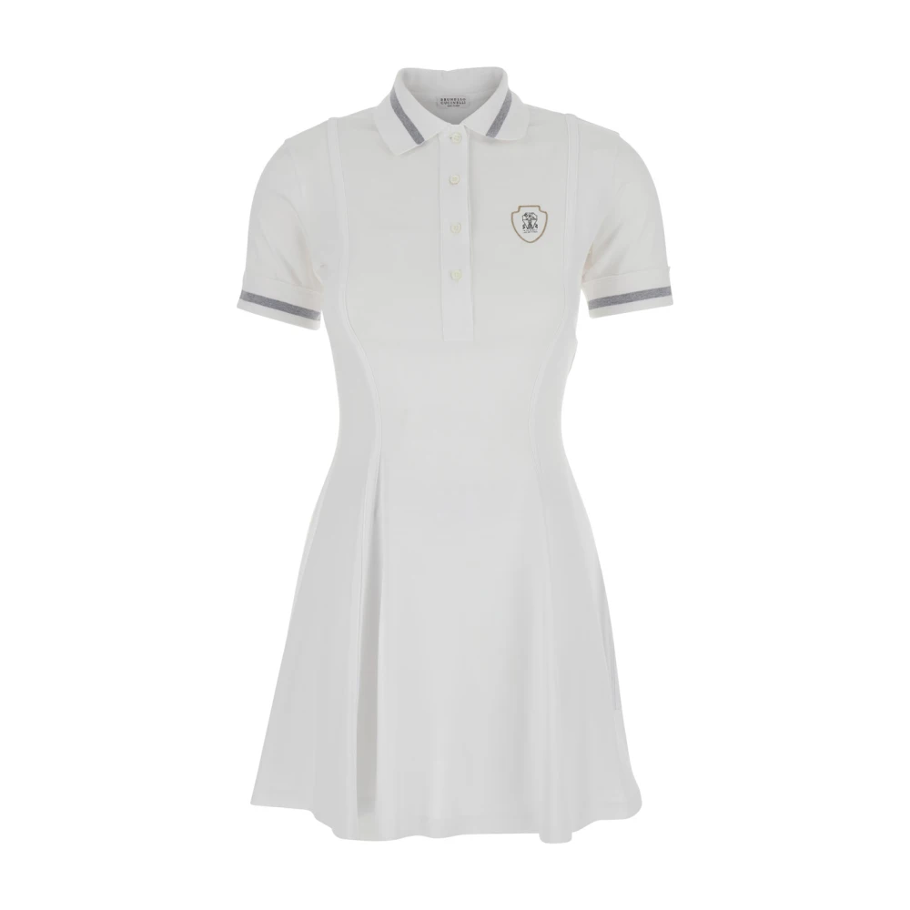 BRUNELLO CUCINELLI Witte Jurk met Logo Borduursel en Wijd Uitlopend Ontwerp in Katoen White Dames