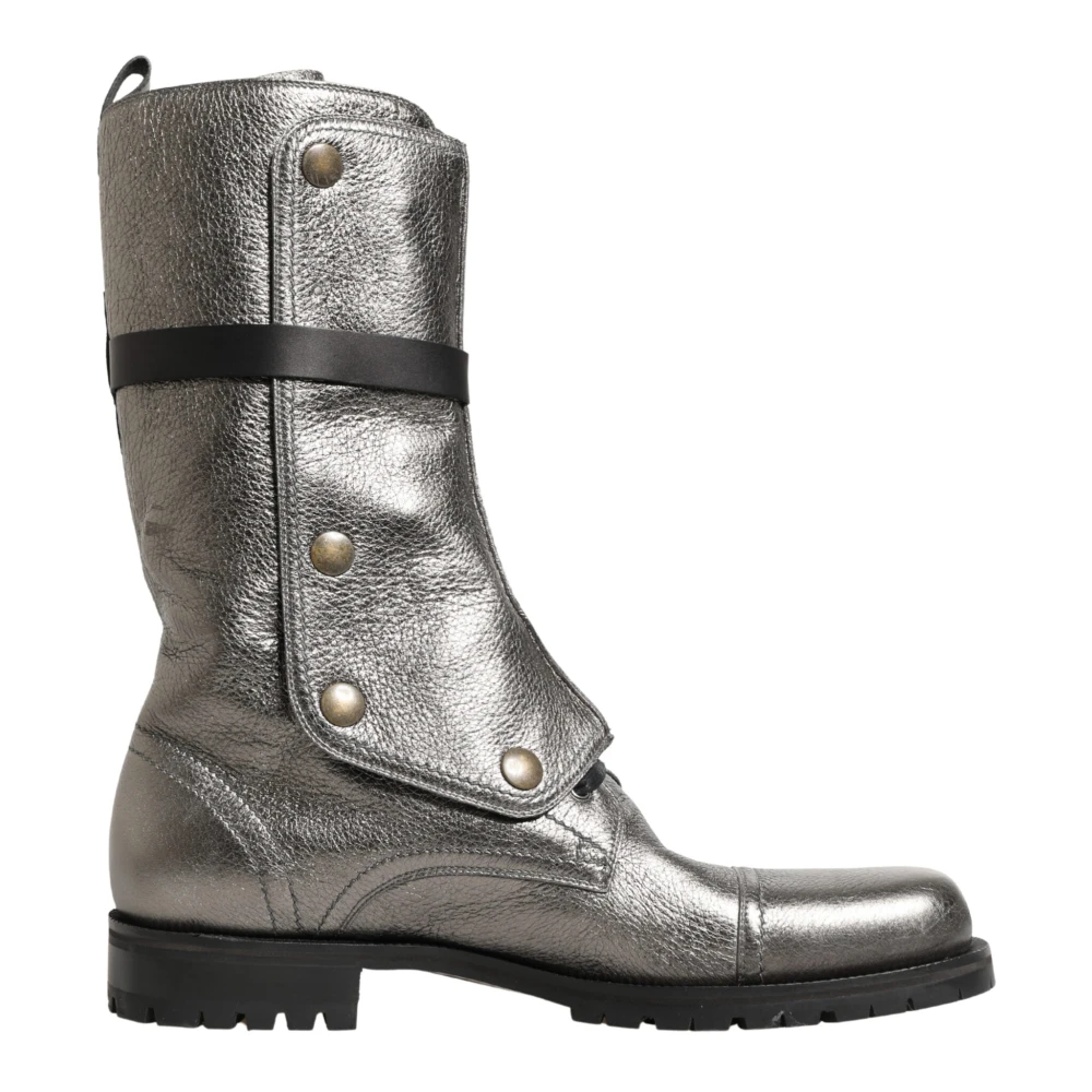 Dolce & Gabbana Men's Gray High Boots, 11 Uk, Metallic Leather Buckle Combat Boots