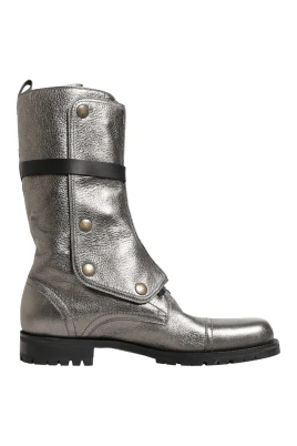 Metallic Leather Buckle Combat Boots