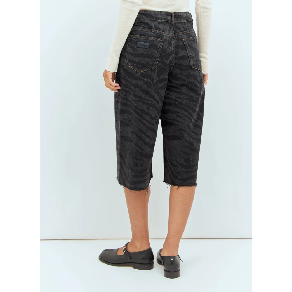 Ganni Animal Print Denim Shorts Black Dames