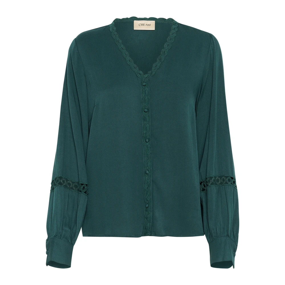 Cream Elegant V-ringad Blus med Broderade Detaljer Green, Dam