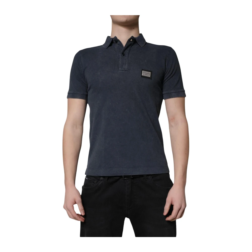 Dolce & Gabbana , Polo Shirts, Male, Blue, S, Logo Plaque Cotton Polo Shirt - Image 3