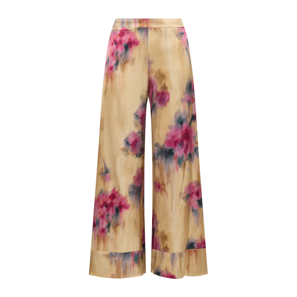 Maliparmi Zijden Boeket Wijde Pijp Broek Beige Dames