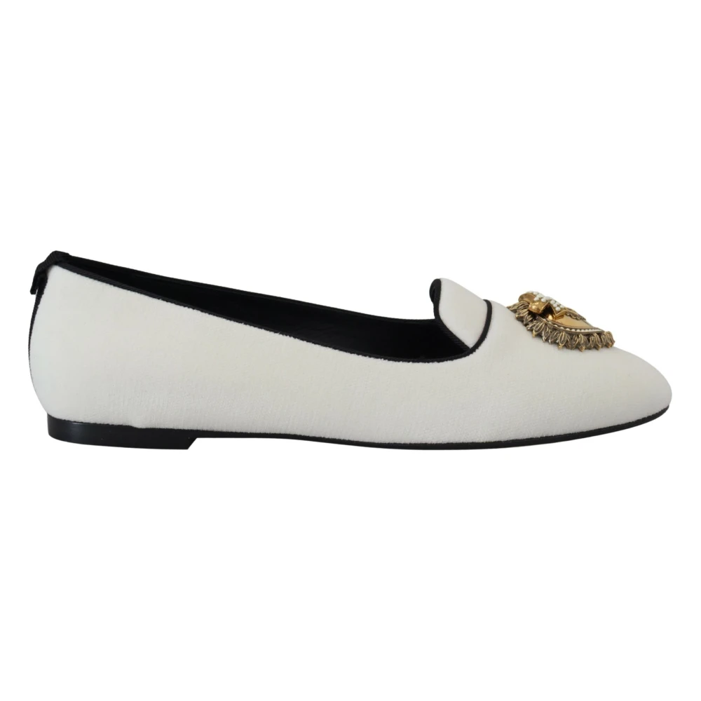 Dolce & Gabbana Women's White Ballerina Shoes, 3 Uk, Elegant Loafers With Golden Heart Detail