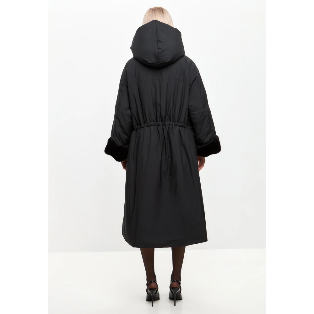 Cesare Gaspari Oversized gewatteerde jas met capuchon en nepbont manchetten Zwart Black Dames