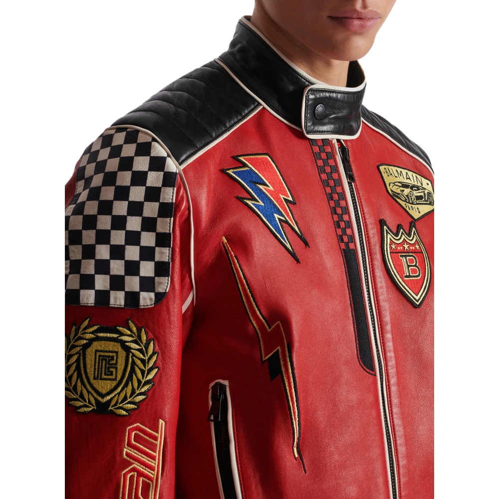 Balmain Lamsleren jas met Racing-patches Red Heren