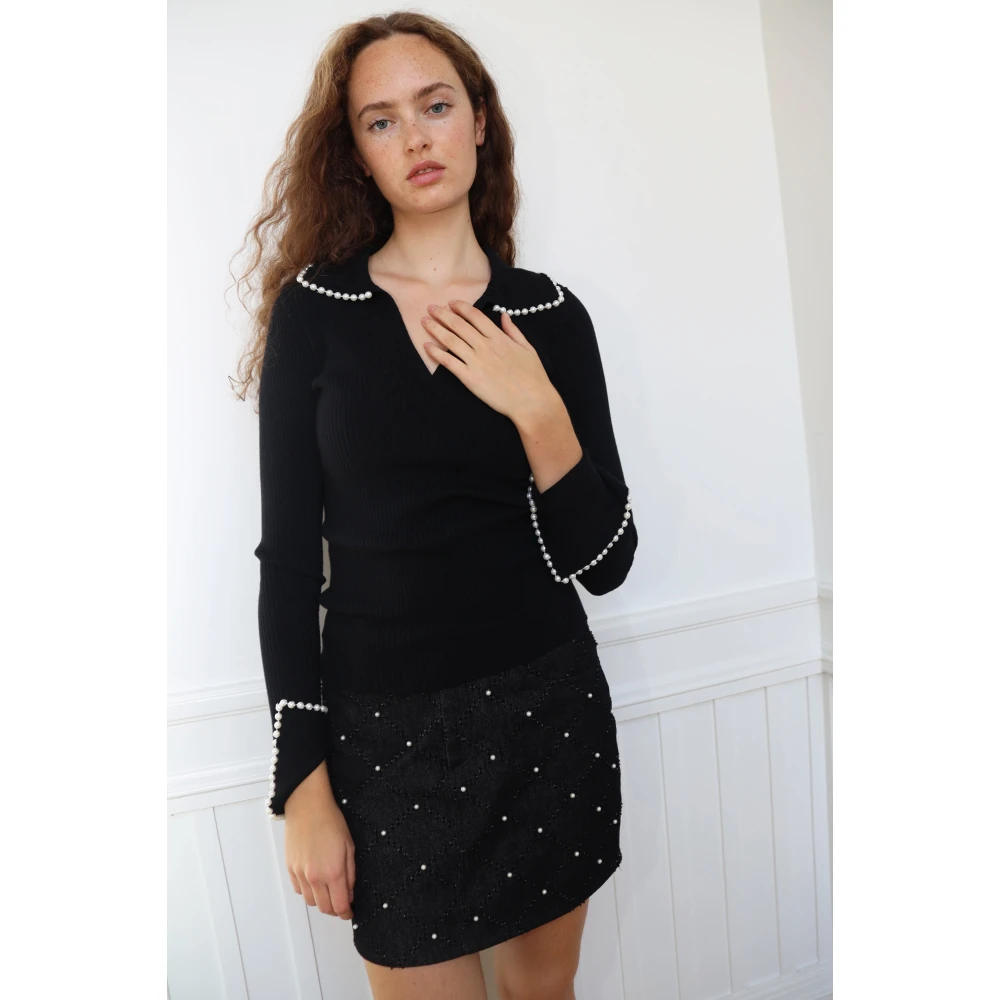 Cras Gebreide blouse met pareldetails Black Dames