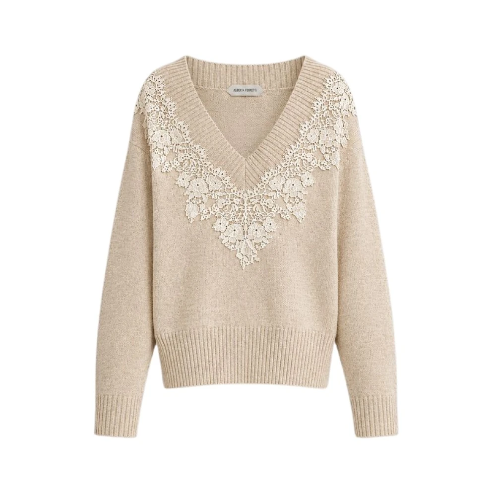 Alberta Ferretti Beige Cashmere Knitwear, Female, Xs, Cashmere V-Neck Jumper With Lace Insert