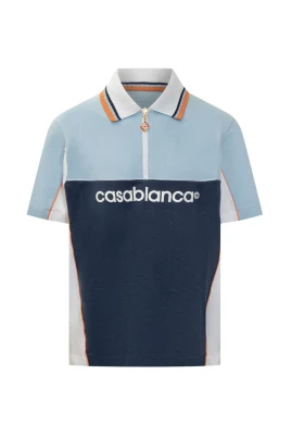 Blå Zip Polo Skjorta Broderad