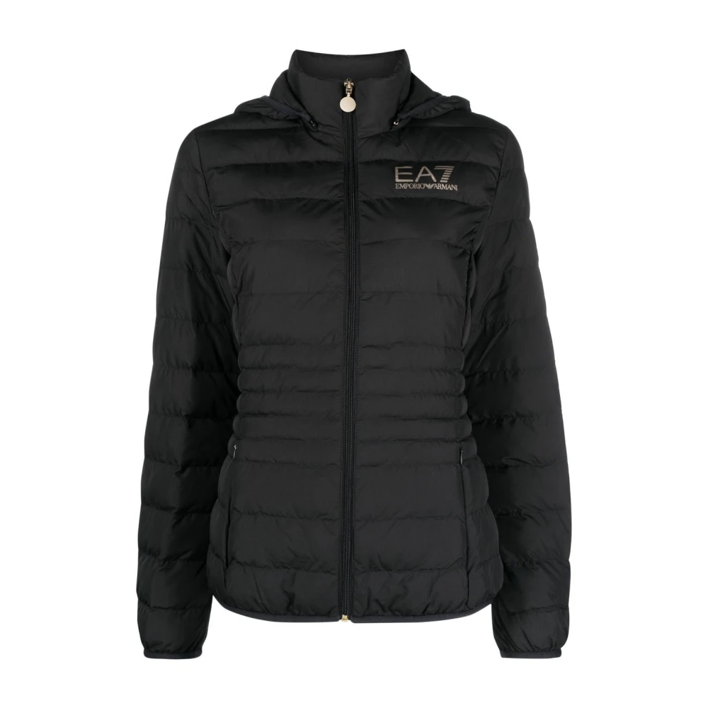 Emporio Armani EA7 Zwarte Logo-Print Puffer Jas Black Dames