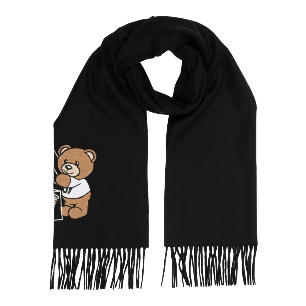 Moschino Teddybeer Wollen Sjaal met Franjes en Logo Black Heren