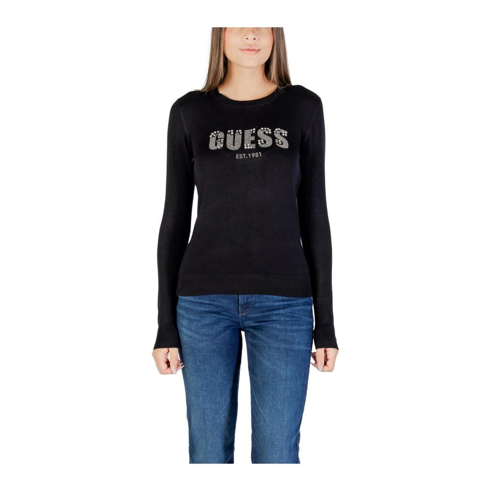 Guess Women's Black Rhinestone Detail Long Sleeve Knitwear With Round Neck