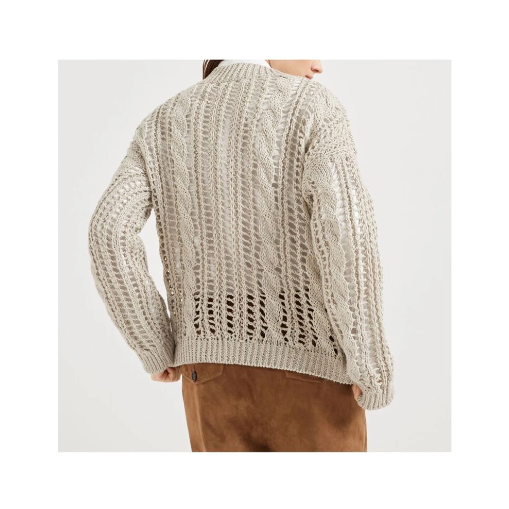 BRUNELLO CUCINELLI Beige Geribbelde V-hals Trui Gray Dames