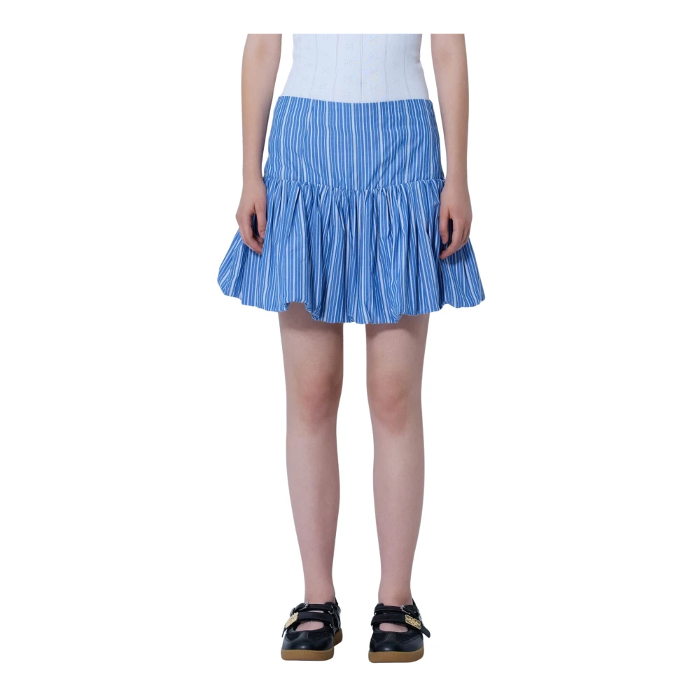 Ganni Stripe Cotton Mini Skirt - Woman Skirts Blue Fr - 36 - Immagine 6