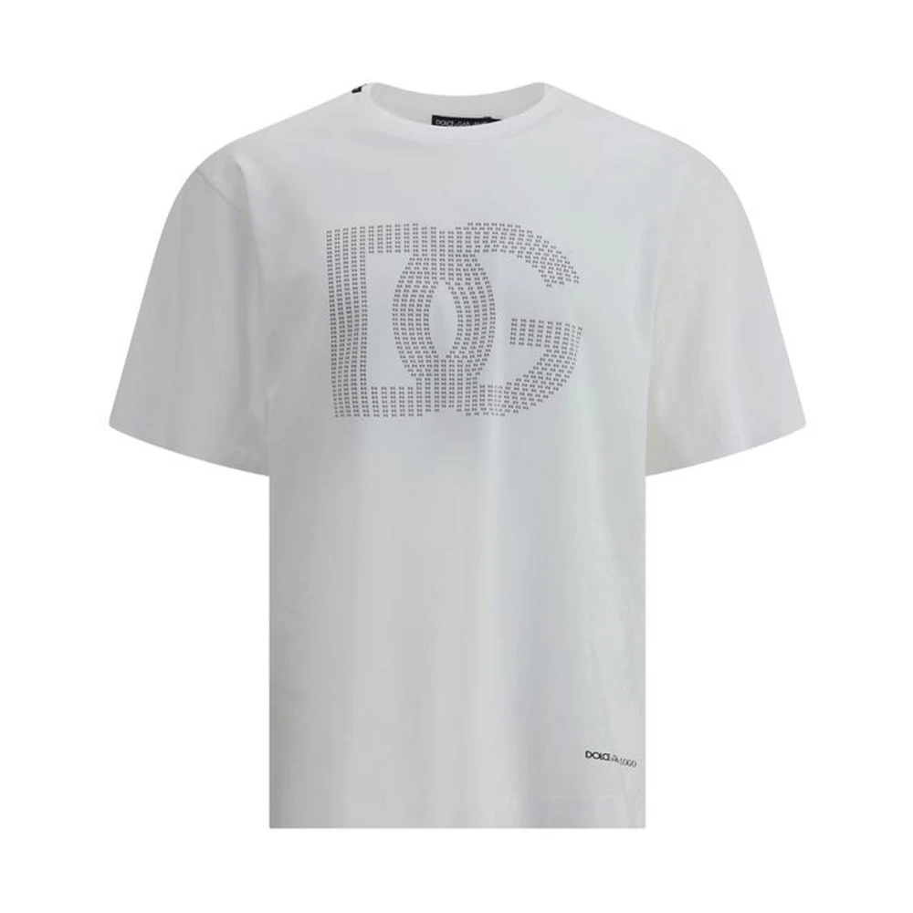 Dolce & Gabbana Maxi Logo Katoenen T-shirt met Geribbelde Ronde Hals White Heren