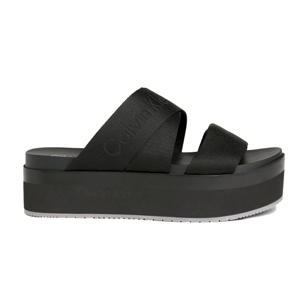 Calvin Klein Jeans Women's Black Flat Sandal Webbing - Sliders - 7 Uk - Shoes