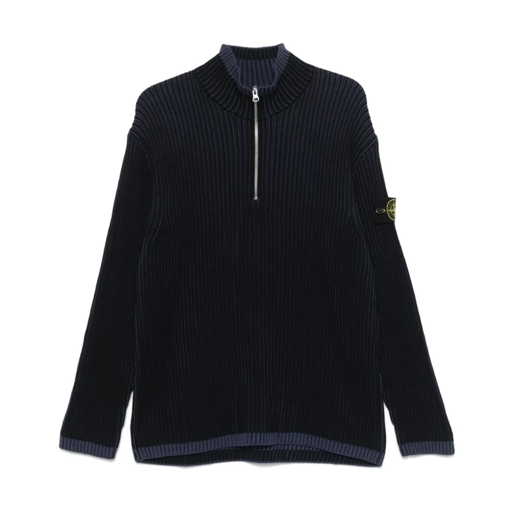 Stone Island Blauwe Ribgebreide Trui Met Opstaande Kraag Blue Heren