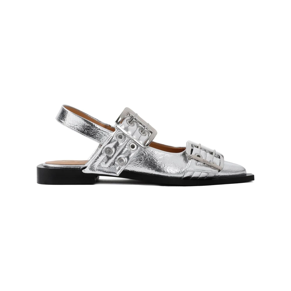 Ganni Women's Gray Flat Sandals, 3 Uk, Wide Belt Buckle Ballet Flats