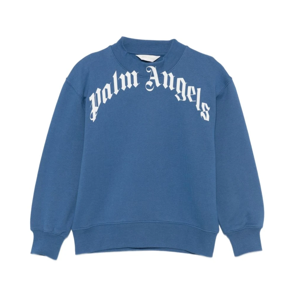 Palm Angels Boys Blue Kids Sweatshirts, 8 Y, Curved Logo Crew Sweatshirt