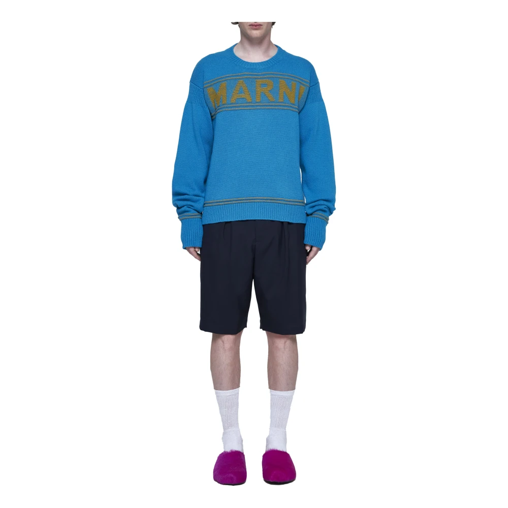 Marni Intarsia Logo Trui Rood Blauw Strepen Blue Heren