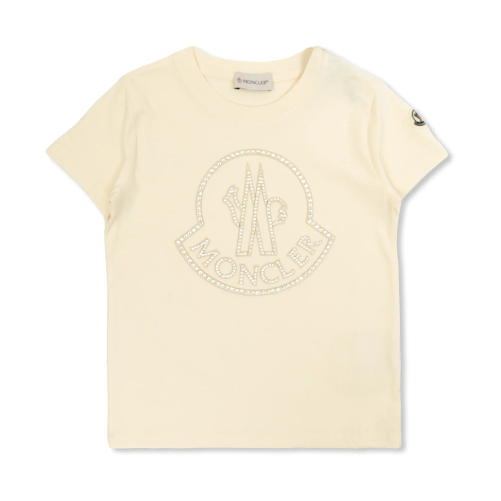 Moncler Unisex Beige T-Shirts,, T-Shirt With Logo Finished With Shimmering Crystals Size 10 Y Kids
