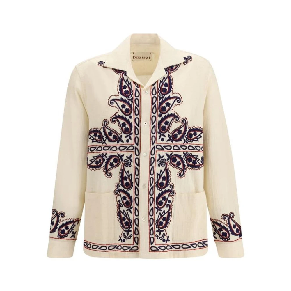 Baziszt Men's Beige Silk Pattern Shirt