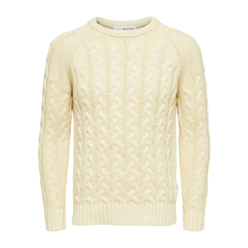 Selected Femme Vit Stickad Tröja Långärmad Rund Hals Beige, Herr