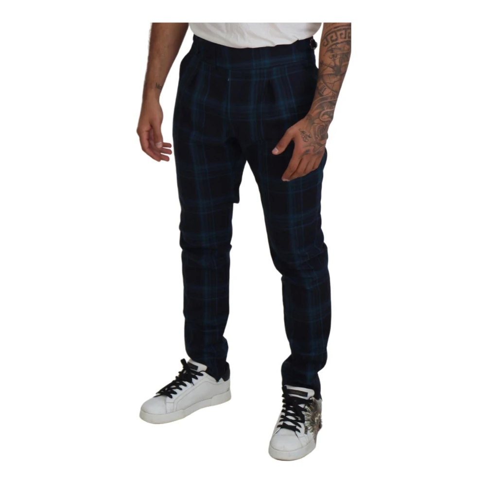 Dolce & Gabbana Smalle Geruite Wollen Broek Blue Heren