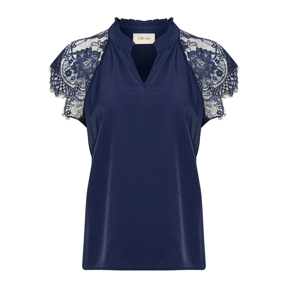 Cream Vrouw Blauw Navy Kant Blouse Met V-Hals