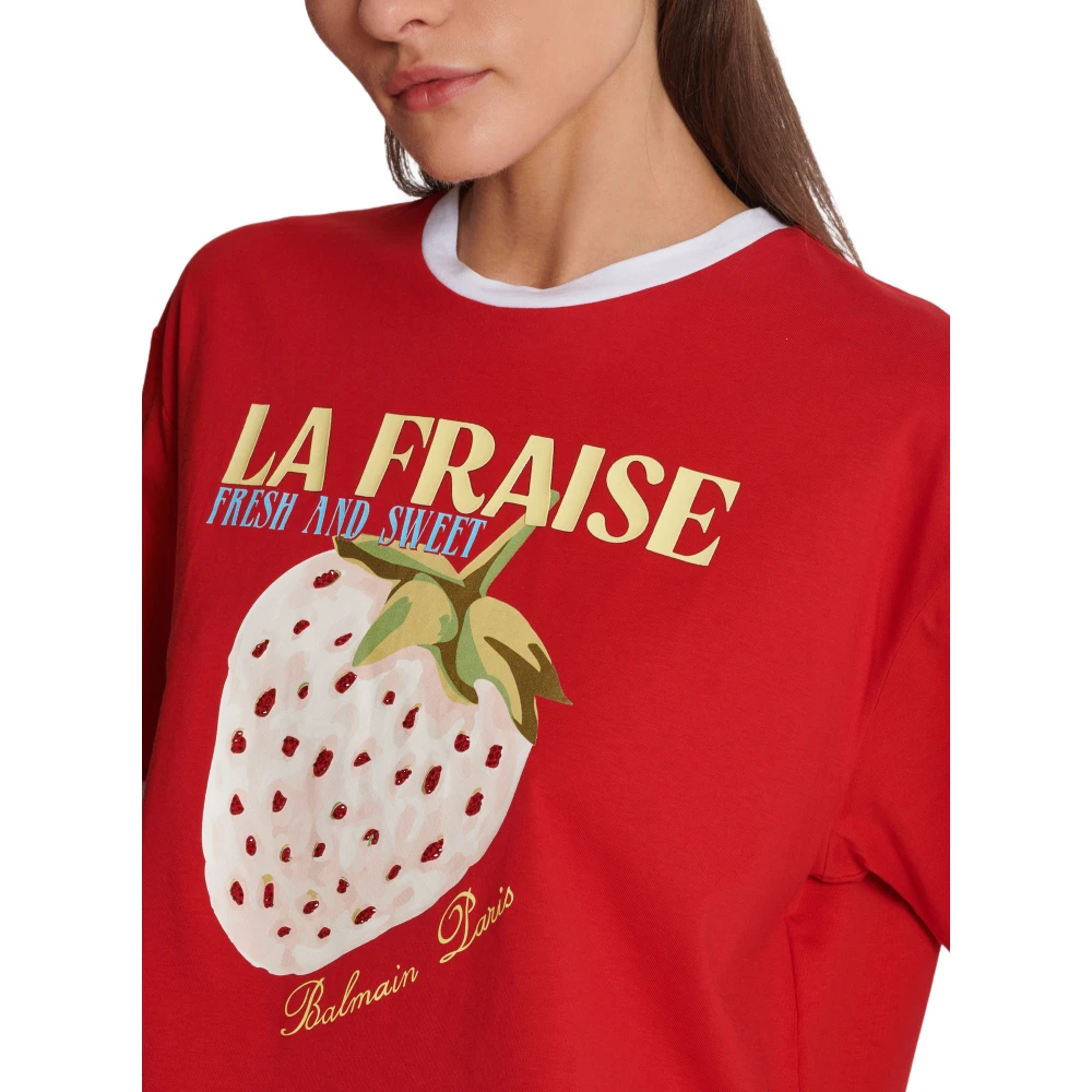 Balmain Cropped T-shirt met aardbeienprint Red Dames