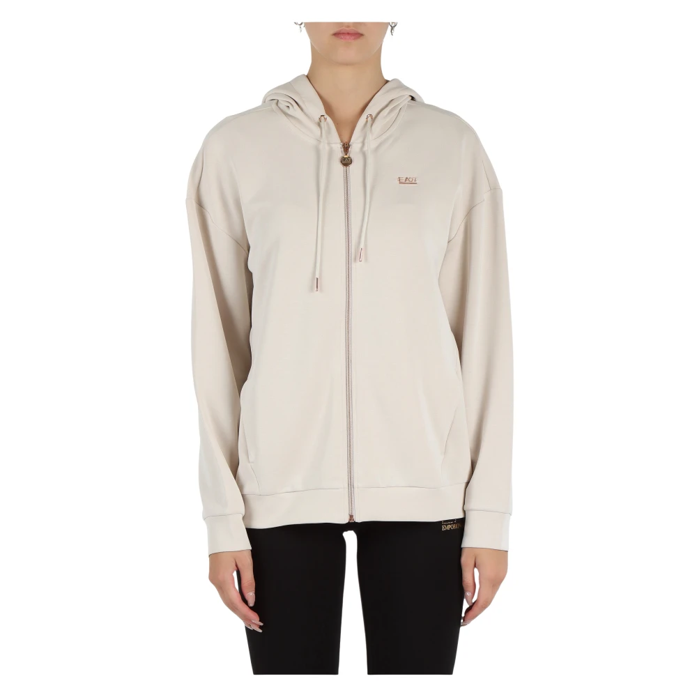 Emporio Armani EA7 Modal Zip Hoodie met Logo Plaque Beige Dames