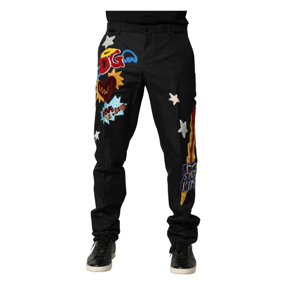 Dolce & Gabbana Men's Black Graphic Embroidery Tapered Trousers - Slim-Fit Trousers - Xs - Trousers